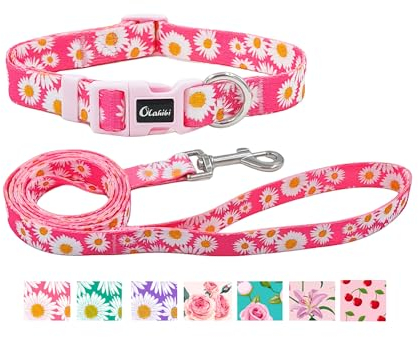 Olahibi Daisy Pattern Dog Collar and Leash Set,Durable Polyester Collar and 150CM Matching Lead for Small Dogs.(S, Pink Daisy)