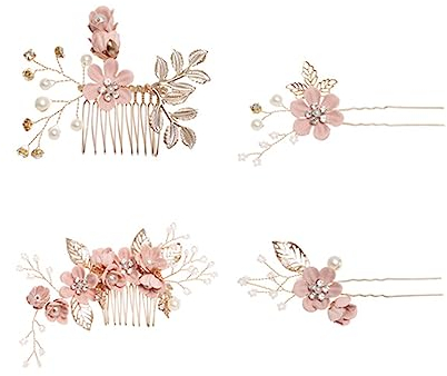 SJBAUTYO 4 Stück Gold Hochzeit Haarkamm Perle Blume Braut Haarschmuck Strass Brautschmuck Kamm Haarspange für die Braut Brautjungfer - Rosa Blume