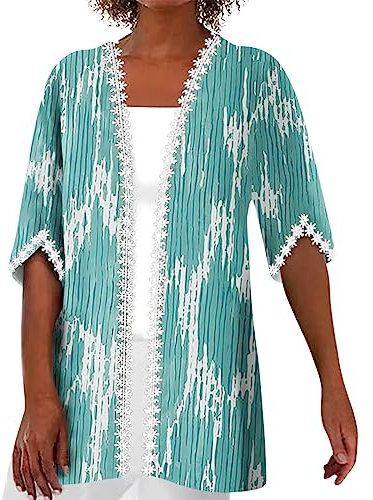 Summer Tops for Women UK 3/4 Sleeves, Women Long Sleeve Short Top T Shirts Womens Flutter Sleeve White Lace Tops for Women UK Primark Sarees Lightweight Open-Front