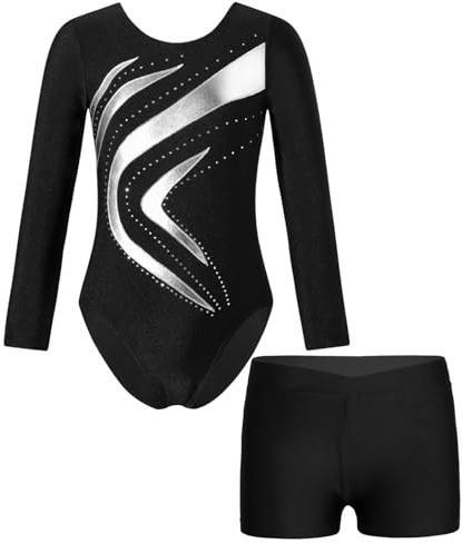 Alvivi Kinder Mädchen Turnanzug Gymnastikanzug Langarm Ballettanzug mit Shorts Tanzbody Ballett Trikot Leotard Wettbewerb Tanzkostüm Silber 158-164