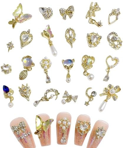 3D Nail Charms, 22 Pcs Shiny Nail Rhinestones Gems Butterfly Heart Bow Dangle Nail Art Charms Gold Metal Nail Jewelry Luxury Nail Art Decoration for Nail Design DIY Crafts