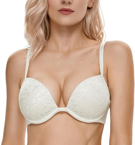 WingsLove Push Up Bra Sexy Deep V Plunge Add 2 Cups Bras Underwire T-Shirt Bra Multiway Ivory