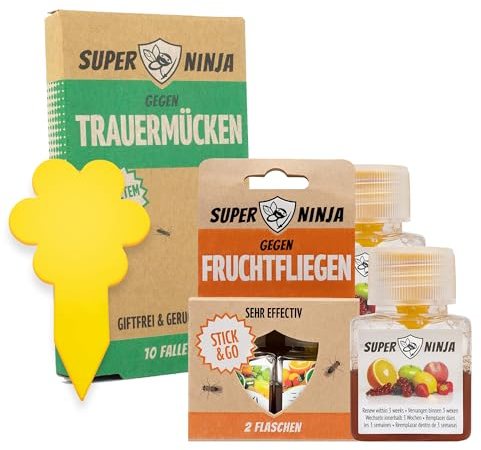 Super Ninja Gelbsticker und Fruchtfliegenfalle – 10 Gelbsticker und 2 Fruchtfliegenfalle – Trauermucken bekampfen und Obstfliegenfalle – Einfache Anwendung