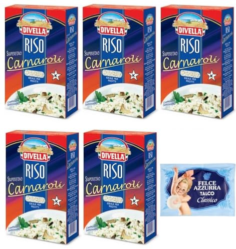 5er-Pack Divella Reis Riso Carnaroli,Superfeine Reiskörner,Ideal für Risottos,1kg Vakuumverpackung + 1er-Pack Kostenlos Felce Azzurra Talkumpuder, 100g-Beutel