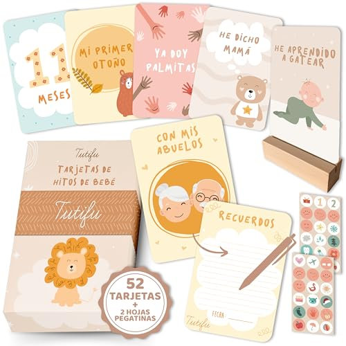 Tutifu® 52 Tarjetas Meses Bebé con Pegatinas y Soporte. Seguimiento de Logros, Cumple Mes Bebe, Regalos para Bebes Recien Nacidos Originales. Para Album Fotos Bebe hasta 2 Años. Cumplemeses (Español)