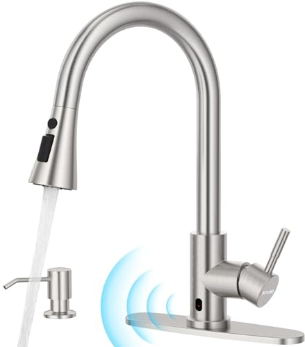 BLYLUND Berührungslose Küchenarmatur mit herausziehbarem Sprüher, Küchenspüle, gebürstetes Nickel, Wasserhähne mit Seifenspender, Einhand-Freisprechsensor, geeignet für 1 bis 4 Loch Spüle, Edelstahl