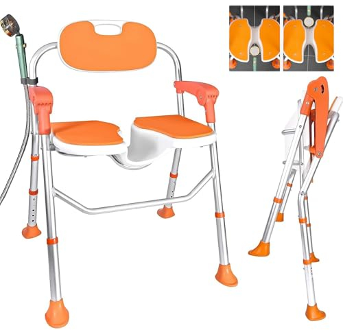 TAZZOR Klappbar Duschstuhl für Senioren - Höhenverstellbarer Duschhocker mit Armlehnen und Duschschnalle - Anti-Rutsch Badhocker für Dusche - Idealer Stuhl mit Rückenlehne (ORANGE, 58 X 53 X 73 cm)