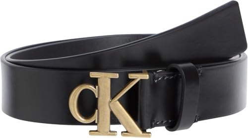 Calvin Klein Damen Gürtel Monogram Plaque Buckle 3,0 cm Ledergürtel, Schwarz (Black/Tumbled Gold), 65 cm