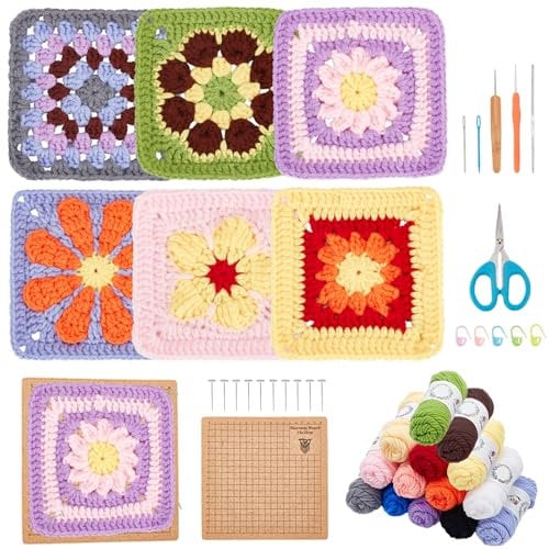 ORIGACH 6 in 1 Häkelset Für Anfänger, DIY Daisy Granny Square Starter Häkelset Mit Häkelblockiermatte Für Erwachsene Mit Schritt Für Schritt Videoanleitung