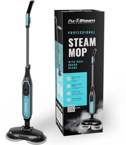 PurSteam ScrubMaster Steam Mop with Dual Scrubbing Head and LED Lights | Dual Scrubbing Head | LED Headlights | Adjustable Steam Control | Anti-Slip Swivel Head | Cable Holder | Upright Lock
