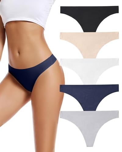 Voenxe Seamless Women Thong Underwear,No VPL Ladies Panties,No Show Woman Gym Thongs Multipack,Invisible Soft Knickers,Seam Free Breathable String Knicker Pants,Female Comfy Mid Rise Underpants,5-Pack