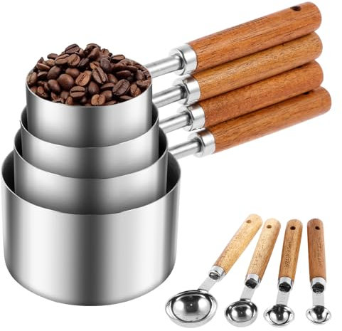 MENIBBLER Measuring Cups and Spoons Set, 8 Pcs Stainless Steel Measuring Set with Wood Handles, Stackable Measuring Spoons Set, Precision Measuring Cup Set for Home Kitchen Cooking Baking