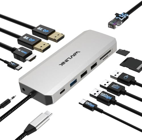 WAVLINK Station d'accueil pour Ordinateur Portable, Station d'accueil Displayport avec Double DP, HDMI, 100W PD in, 10Gbps USB A/C, 2.5G Ethernet Port pour Dell/HP/Lenovo etc