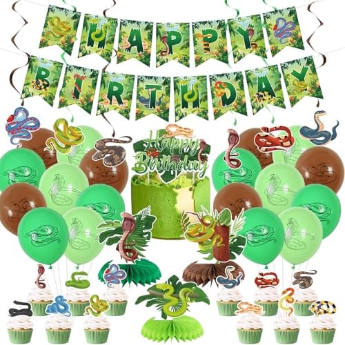 Obussgar Decorazioni per feste di compleanno – Snake Party Supplies tra cui striscioni Happy Birthday, spirali, topper per torte, centerpieces, palloncini (LQ)