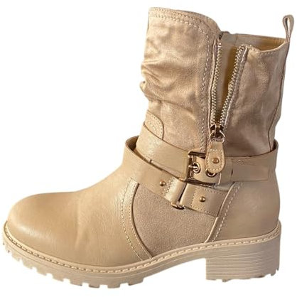 Pogolino Damen Stiefeletten Nieten Biker Boots mit Reißverschluß flach bequem Stiefel 2520 Beige 40