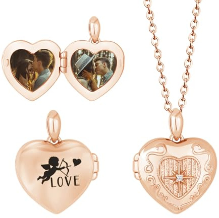 Kiddo Sky Collier Personnalisé Love God Cupidon Image à l'intérieur pour Femme, Pendentif Photo en Cuivre avec Médaillon en Forme de Cœur Délicat pour Saint-Valentin, 18 + 2 Pouces avec Boîte Cadeau