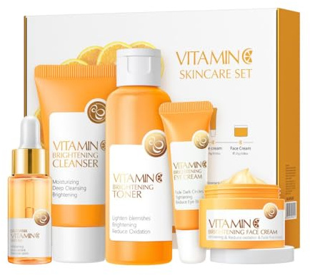 Vitamin C Skincare Set, 5 In 1 Skincare Gift Set with Cleanser, Toner, Serum, Eye Cream & Face Cream, Facial Care Kit for Teen Girls, Travel Size Skincare for Women Teen Girls (Vitamin C, 5Pieces)