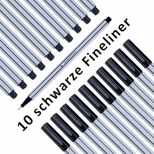 10x Fineliner Schwarz - feine 0,4mm Spitze - metallgefasste Faserspitze - Filzstifte für präzises Schreiben, Zeichnen und Malen - für Büro, Schule, Uni und Zuhause