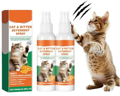 Spray disuasorio para gatos, 100 ml, antiarañazos, disuasorio para muebles, sofás, alfombras, cortinas, plantas, repelente de gatos y gatitos, no tóxico, sin alcohol (2)