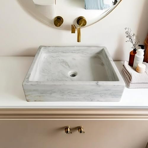 Fregadero rectangular de piedra natural, mármol blanco, 20 x 16 x 6 pulgadas, superficie pulida