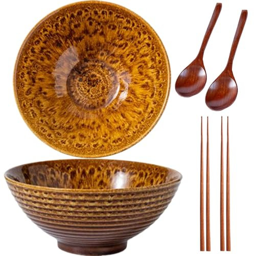 2 * 1200ML Ramen Schüssel Set,Schüssel Keramik,Ramen Bowl(Ramen Set Mit Ramenlöffel,Essstäbchen),Suppenschalen Set für Nudelschüssel,Snack,Salatschüssel,Große Schüssel (Gold)