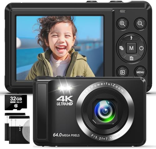 Fotocamera digitale, fotocamera compatta da 4 K, 64 MP, con scheda da 32 GB, 16 zoom digitale, 2,4 pollici, fotocamera digitale per bambini, principianti, adolescenti (nero)