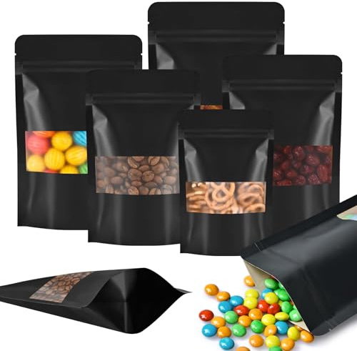 Lot de 100 sacs en papier kraft noir avec fenêtre, refermables, étanches aux odeurs, pour bœuf séché, café, frites et petites entreprises - 17,8 x 25,4 cm