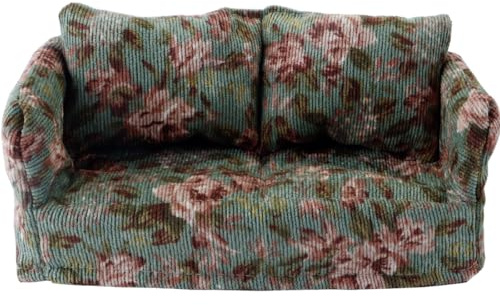 Hoite 1:12 Puppenhaus Holzcouch Möbelset, Stoff Abnehmbares Retro Doppelsofa Mit Kissen