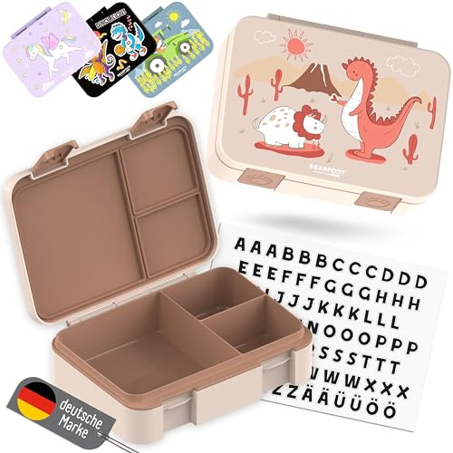 BEARFOOT – Porta Pranzo Bambini Compatta, Lunch Box Bento Box Senza BPA, Portamerenda Scuola con Scomparti, Leggera e Ermetica per Bambini e Bambine (Dinosauri Marrone, 950 ml)