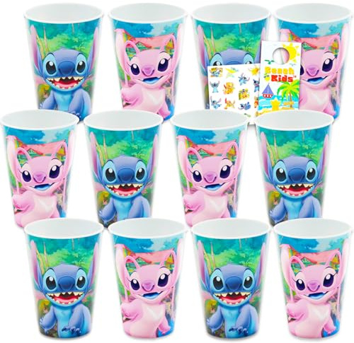 Disney Stitch 15 Oz Reusable Tumblers for Kids Party Favor 12 Piece Bundle with 15 Oz Cups Plus Stickers, More | Bulk Stitch and Angel Water Cups