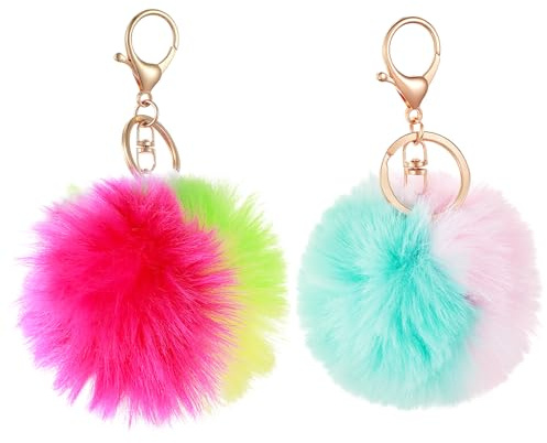 guduling 2 Stück Pom Pom Keychain, Schlüsselanhänger Pompom, 8cm Flauschige Schlüsselanhänger für Handtaschen Rucksäcke Autoschlüssel Katzenspielzeug zum Aufhängen als Dekoration