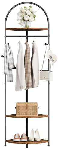 HOOBRO Corner Coat Stand, Coat Rack Stand with 4 Hooks, 3 Shelves and Hanging Rail, Coat Stands for Hallway, Clothes Rail Clothing Rack with Shoe Storage for Small Space, Rustic Brown EBF49YM01