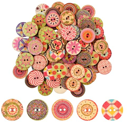 100 stycken 20 mm färgglada knappar med 2 hål, retro harts träknappar, blomma målning geometriskt mönster barnknappar, blandade runda dockknappar, sömnadsknappar för sömnad, gör-det-själv hantverk