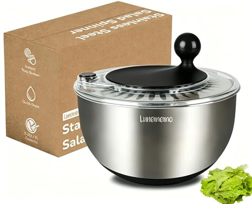 Lunememo Centrifuga per insalata in acciaio inox, centrifuga per lattuga con scarico, base antiscivolo, pulsante di arresto, asciugatrice per verdure, senza BPA, 5,3 qt, nero