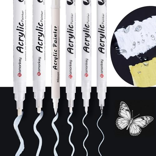 6 Pcs White Acrylic Paint Pens Waterproof Marker Pen Set Quick-Drying White Fabric Pen Permanent Marker Pens Acrylic Art Penn (0.5mm/0.7/1.2/2.0/4.0/BR Soft Tip) for Sketching, Stone, Ceramic, Glass
