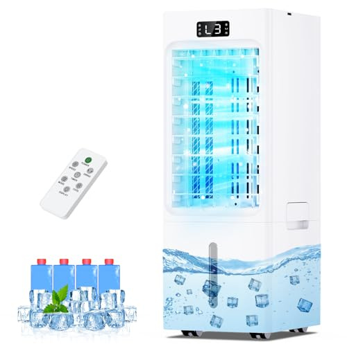 Aire Acondicionado Portatil 4 en 1, Enfriador de Aire con 4 Modos & 3 Velocidades, Temporizador 1-12H, Oscilación,Tanque de 6L, 4 Packs de Hielo, Control Remoto, Silencioso, para Oficina Hogar