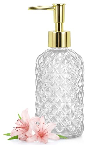 Hebaogugu Clear Glass Soap Dispenser with Plastic Gold Pump 400ml/14oz | Refillable Hand Soap Dispenser for Lotions, Detergent, Shampoo, Ideal for Kitchen, Bathroom