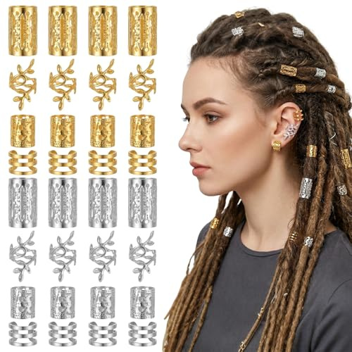 MNYXIS 160 Stück Haarschmuck für Zöpfe, Gold & Silber Dreadlock Zubehör Set mit Haarperlen zum Klipsen, Verstellbare Manschetten Clips und Haarringe für Braids, Damen Mädchen Festival Haaraccessoires