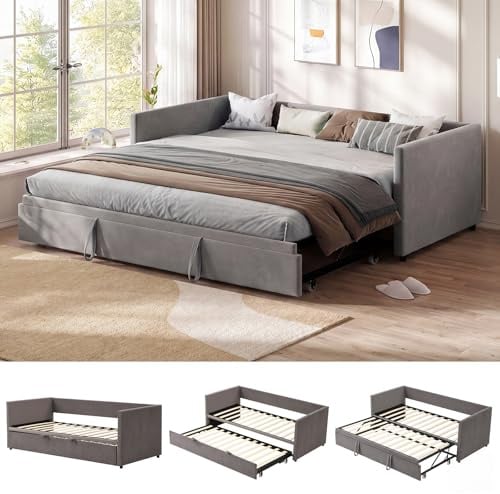 NSXSBUZ Ausziehbares Tagesbett 90/180x200 cm, Polsterbett Schlafsofa mit ausziehbarem Rollbett & Lattenrost,Schlafcouch Ausziehbar zum Doppelbett, Samt, Beige, Ohne Matratze (Grau)