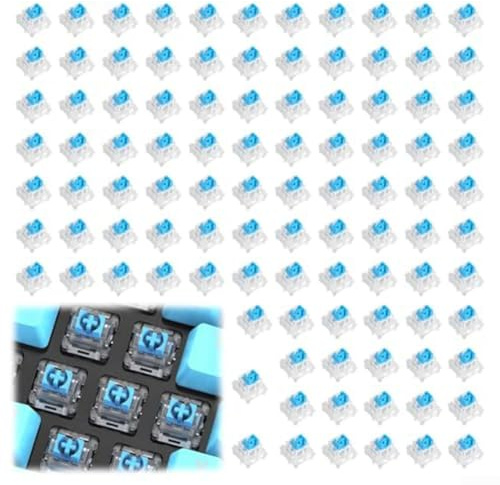 Hasaller 100 Pack Pre-Lubed 3-Pin Tactile Keyboard Switches with Clear Blue Housing for MX Mechanical Gaming and Typing Keyboards White and Blue Stem 1.5x1.8cm
