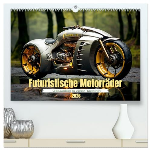 Futuristische Motorräder (hochwertiger Premium Wandkalender 2026 DIN A2 quer), Kunstdruck in Hochglanz: Schnelle Zweiräder in utopischem Design - KI generiert (CALVENDO Mobilitaet)
