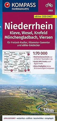 KOMPASS Fahrradkarte 3323 Niederrhein 1:70.000: Kleve,Wesel,Krefeld,Mönchengladbach,Viersen, reiß- und wetterfest mit Extra Stadtplänen