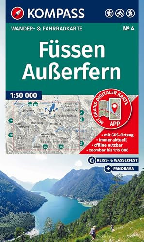 KOMPASS Wanderkarte 4 Füssen, Außerfern 1:50.000: Wander- und Fahrradkarte in einem - inklusive Offline-Verwendung in der KOMPASS-App. Wander-& Radwege. Panorama. Skitouren. Langlaufen. Reiten.