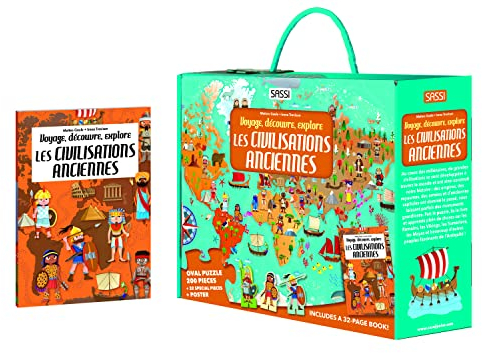 Voyage, découvre et explore. Les civilisations anciennes: Avec un puzzle ovale de 200 pièces, 32 silhouettes et 1 poster