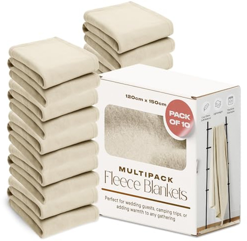 Dreamscene 10 x Plain Fleece Blankets Bulk Cream Throw, Soft Cosy Warm Throws for Sofas Bed Couch Settee Throws Wholesale Joblot Travel Garden Blanket Single Bed Throw, 120 x 150cm