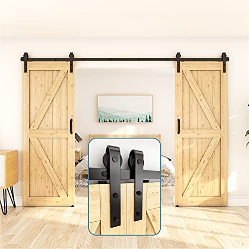 HomeDeco Hardware Rustikale große Stahlrolle für Schiebetüren mit 2 Türen, ländlicher Stil, 1,5-5,7 m 11 FT Double Door Kit schwarz