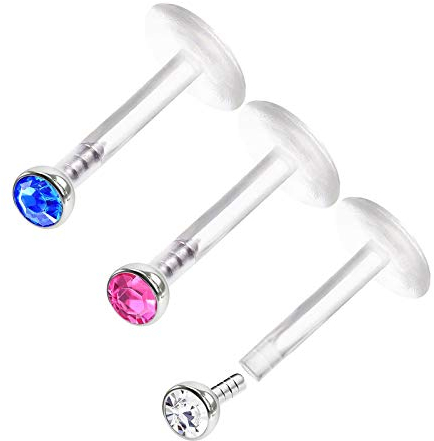KJM FASHION 3 STK Flexibel Acryl Push In Monroe Labret 1,2mm 16 Gauge 6mm 1/4 2mm Kristallkugel Tragus Spiderbite Ohrringe Piercing Schmuck 0502
