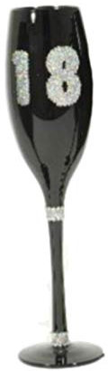 Black Glass Flute with Glitzy Silver Diamante Special Birthday Celebration Number - 18th or 21st (18TH Birthday)