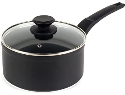 Salter BW08653 Non-Stick Saucepan - 16cm with Tempered Glass Lid & Steam Vent, Dishwasher Safe Forged Aluminium, Marble Gold Cooking Pot, Induction Hob Milk Pan, Soft Touch Handle, Easy Clean, Black