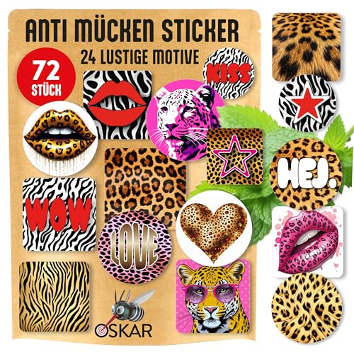 OSKAR - LEO-Edition / 72 Stück lustige Anti-Mücken Sticker für Kinder und Erwachsene - Super Soft - 100% natürlicher Mückenschutz dank Citronella+Minze - Ideal für Urlaub, Camping, Sport+Freizeit